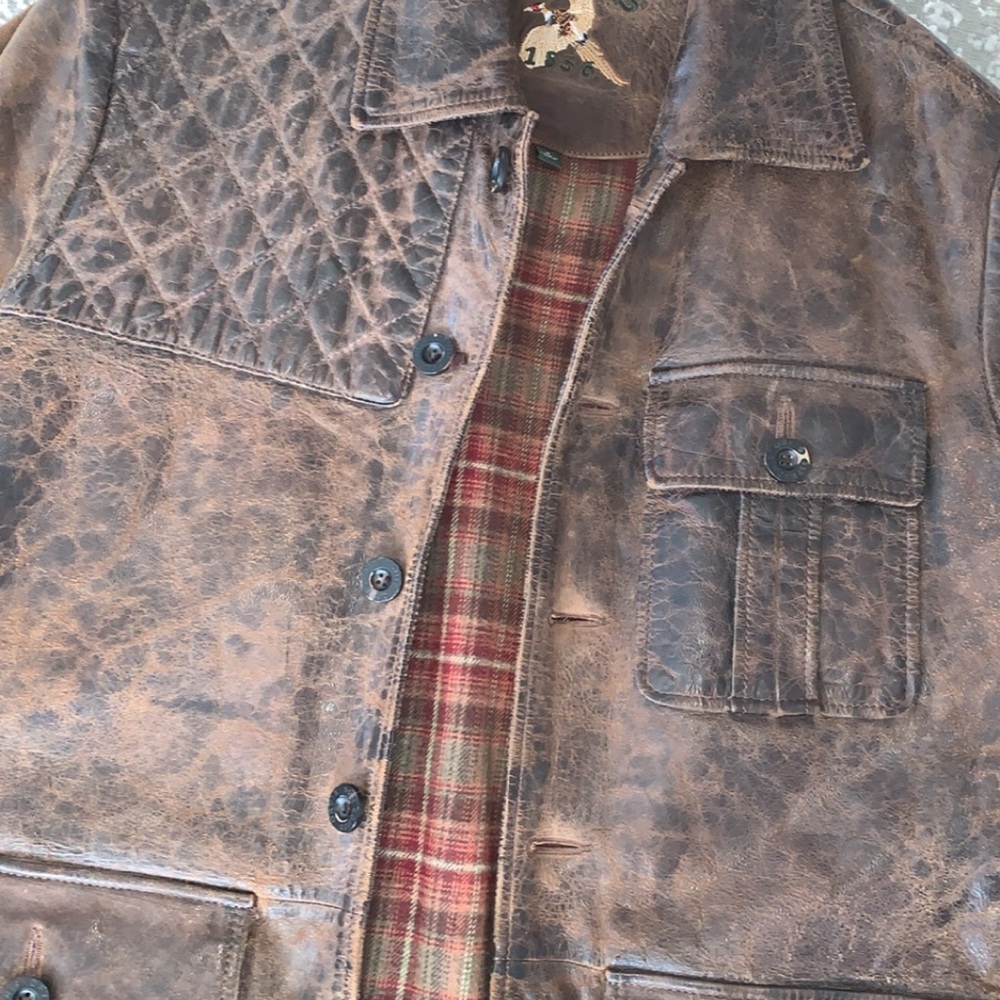Orvis Brown Leather Pea Coat with Plaid Lining - Picture 3 of 8